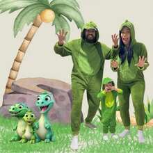 Pijama Temático Fofinho Macacão masculino para Adulto Dinossauro Kigurumi Meninos Original ideal para Festa do Pijama, Viagem, Festa Fantasia, Lazer, Dias Frio Inverno - Verde Escuro - Visão 2