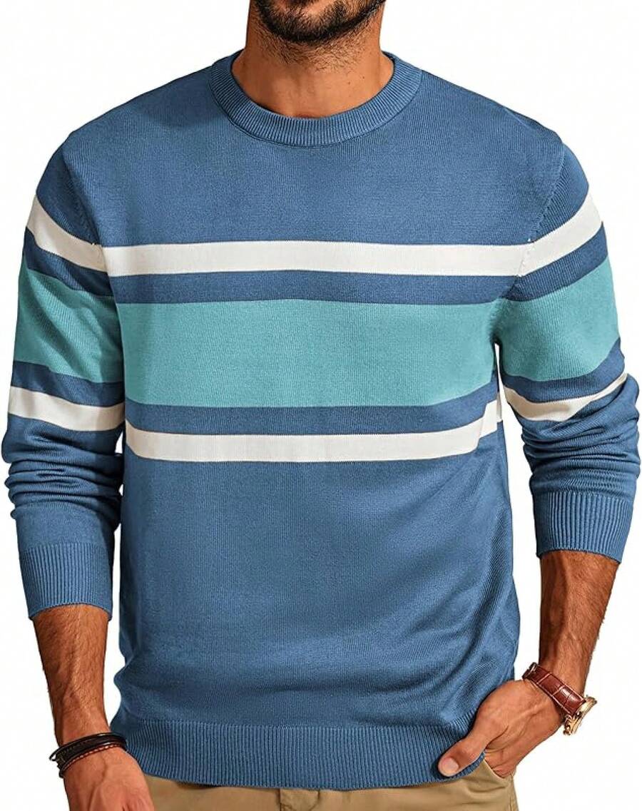 Jersey de cuello redondo a rayas para hombres, suéter de punto fino con contraste - Azul vaquero - Ver 1