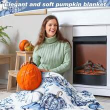 1pc Autumn Flannel Blanket, Featuring Fluffy Flannel Fabric With Blue & White Porcelain Pumpkin Pattern, Soft & Cozy Thanksgiving Themed Blanket, Ideal For Holiday Decor & Gifting, Suitable For Living Room, Bedroom, Office, Camping, Party, Thanksgiving Throw Blanket, Nap Blanket | Sofa Blanket | Air Conditioning Blanket, Multiple Sizes Available, White Blanket