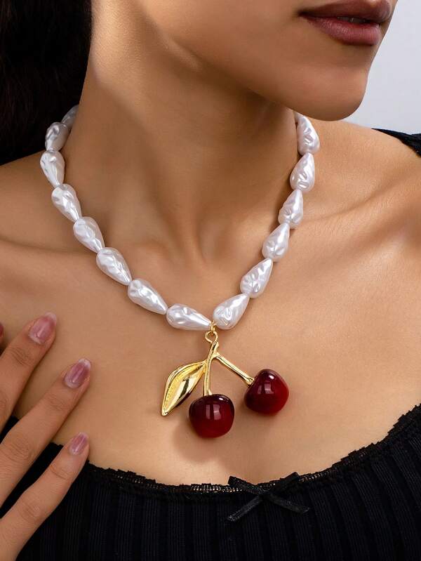 1 pieza Collar con colgante de cereza simulada y perla falsa con forma de lágrima asimétrica, joyería de estilo campestre para mujeres, adecuada para banquetes, bodas y fiestas