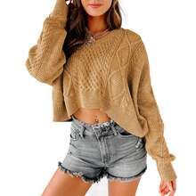 Women V Neck Cropped Sweater Long Sleeve Cable Knit Oversized Pullover Top