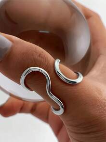1pc Fashionable Asymmetrical Wavy Curve Stainless Steel Adjustable Open Ring For Women, Daily/Party Wear - 銀色 - 查看 1