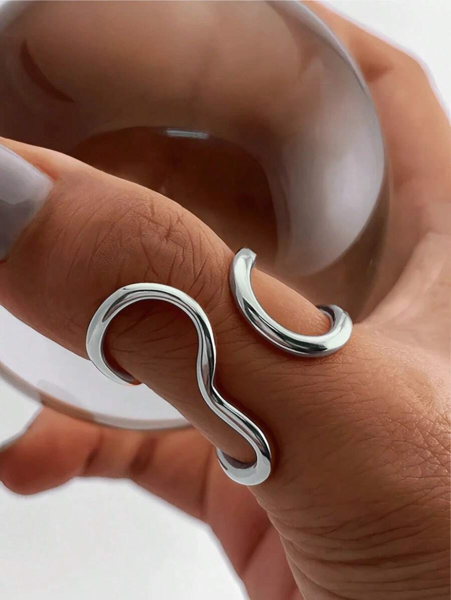 1pc Fashionable Asymmetrical Wavy Curve Stainless Steel Adjustable Open Ring For Women, Daily/Party Wear - 銀色 - 查看 1