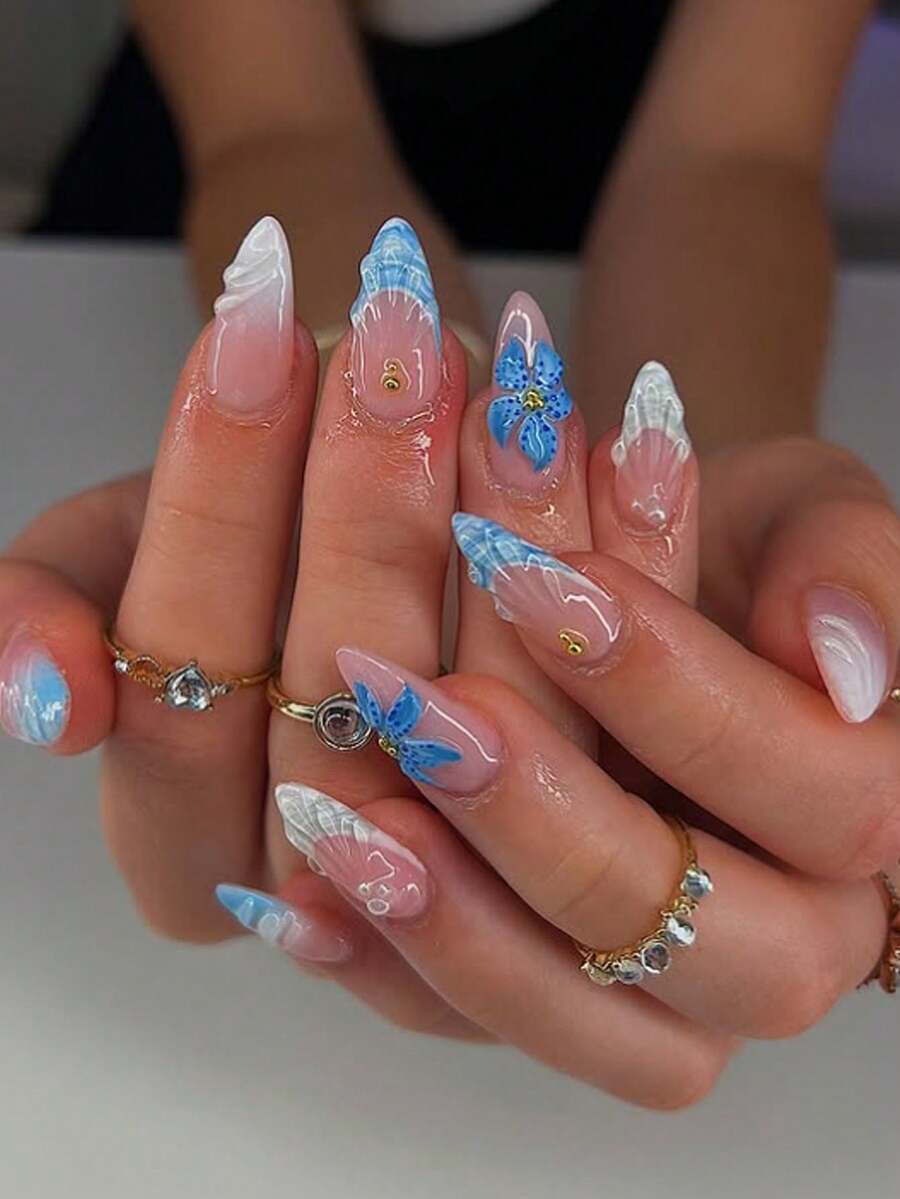 24件/套法式杏仁形3D珍珠紮染貝殼美甲貼紙組，含1件果凍膠與1件美甲锉，適合女性與女孩度假、約會及日常美甲佩戴 - 彩色 - 查看 1