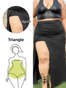 Truni Elyhuante_03 Plus Size Women's Solid Color Simple Side Slit Long Skirt, For Pear Triangle Body Shape