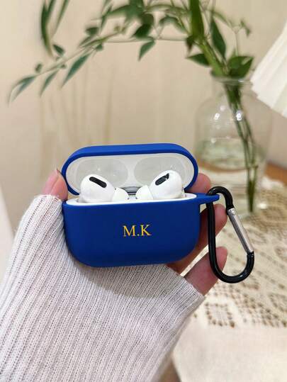 1pc Personalized Minimalist Frosted Macaron Solid Color Bluetooth Earphone Protective Case, Matte Beige Color, Fashion Versatile, Comes With 1pc Earphone Hook, Compatible With Apple Case, Custom Letter Name,Cell Phones & Accessories