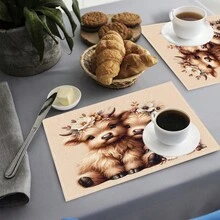 1pc/4pcs/6pcs Cute Highland Cow Printed Linen Placemats, Suitable For Dining Table, All Season Decor, Modern Washable Table Mats, Room Decor, Coasters, Kitchen Dining Mats, Indoor Outdoor Party Decoration, Home Decor, Ideal Gift - Multicolor - View 5