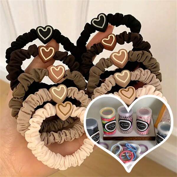 5/10PCS New Coffee Color Love Pendent Hair Tie, Girl Cute Bowknot Hair Tie Elastic Rubber Hair Ties Hair Accessories For Women, Ideal Choice For Gifts Valentine's Day, Hair Bobbles