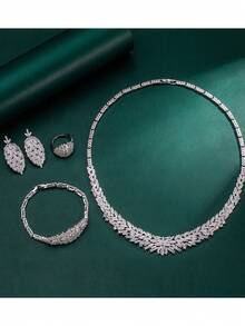 5 件 Tylionnejewelry 铂金镀方晶锆石奢华项链、手链、耳环、开口戒指首饰套装，适合优雅婚礼、节日派对、母亲节礼物 - 銀色 - 查看 2