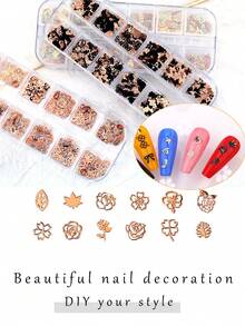 1盒彩色美甲贴纸金属指甲饰混合尺寸美甲用品3D蝴蝶爱花布洛克美甲配件DIY指甲宝石美甲用品适合女孩女士指甲 - 彩色 - 查看 4
