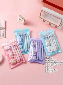 7件套卡通学习文具套装，包含可爱铅笔、橡皮擦、修正带和圆珠笔，适合学生办公使用，是返校季的理想礼物。