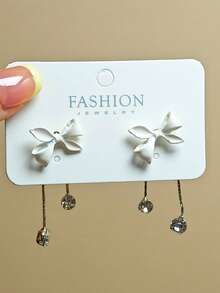 1 对白色蝴蝶结流苏长耳环，带水钻，适合女孩，甜美女孩耳环，适合夏季，情人节，母亲节，礼物（无卡） - 白色 - 查看 5