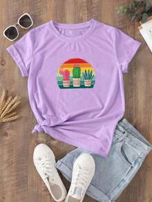 Camiseta de mujer Tres cactus impresión primavera y verano casual suelta cuello redondo manga corta - Morado - Ver 3