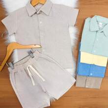 KIT 2 Conjunto Infantil Linho Camisa e Short Menino 4 Peças