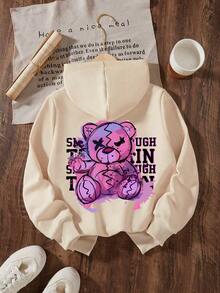 1 Stück Teenager Mädchen Straßen Bären Muster Hoodie, weich und bequem, Frühling & Herbst Alltags Lässig Tragen