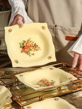 7.5-Inch Ceramic Square Plate, Available In 3 Styles: Soup Bowl, Small Dining Spoon, And Stainless Steel Spoon, Suitable For Restaurants, Home Use, Gatherings, And Housewarming Gifts, Rose Floral Pattern Design