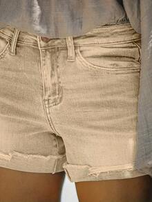 Women's Summer Solid Color Ripped Pocket Button Denim Shorts, Casual Ripped Denim Shorts With Pockets, Zipper Fly, Straight Leg, Medium Stretch Fabric, Suitable For Summer Wear