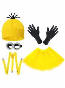 D EXCEED 3/4/5 pièces Accessoires de costume d'Halloween pour adultes - Bonnet jaune / Lunettes de protection / Gants / Bretelles pour se costumer à Halloween, bal de promo