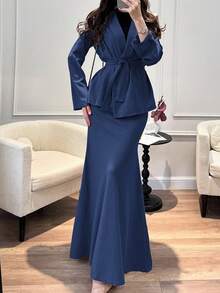 Stylish Women's Two Pieces Outfit With Belted Long Sleeve Blazer And Flowy Maxi Skirt Collared Design Elegant And Casual