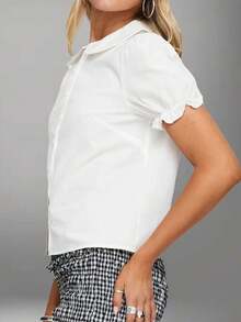 Women Y2k Cute Doll Collar T Shirt Summer Short Puff Sleeve Button Down Shirts Sweet White Blouse Going Out Crop Tops Casual Streetwear For Teen Girls Aesthetic Clothes - trắng - Xem 3