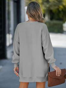 ChicMe 女式圆领长袖套头衫连衣裙拉链开衩设计仿两件套纯色休闲超大码服装适合日常街头