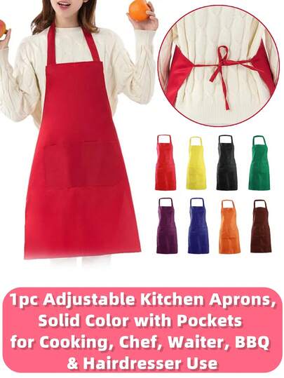 1pc Adjustable Solid Color Kitchen Apron With Pockets, Suitable For Cooking, Chef, Waitstaff, BBQ, And Hairstylist