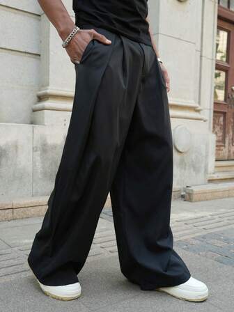 1 件男士纯色宽松直筒休闲裤，轻盈夏季西装裤，垂坠效果，适合秋季