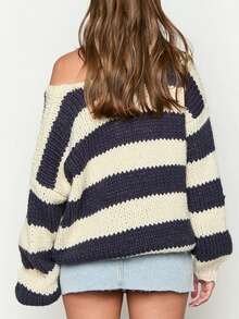 Women Oversized Striped Sweater Color Block Knit Long Sleeve Drop Shoulder Loose Pullover Tops Y2K Preppy Fall Winter Jumper - Navy Blue - View 7