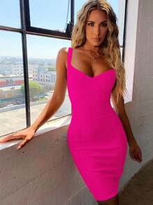 Summer Elegant Spaghetti Strap V Neck Short Bodycon Dress Women Ribbed Bandage Dress Sexy Hot Pink Night Out Cocktail Party Dress Clothes