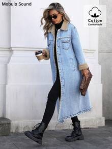 Mobula Sound Fashionable And Casual Long Denim Jacket With Thermal Lined For Women, Suitable For Autumn/Winter - Navy Blue - View 5