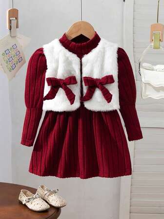2pcs/Set Girls Fashion Casual Solid Color Turtleneck Dress With Furry Vest Jacket