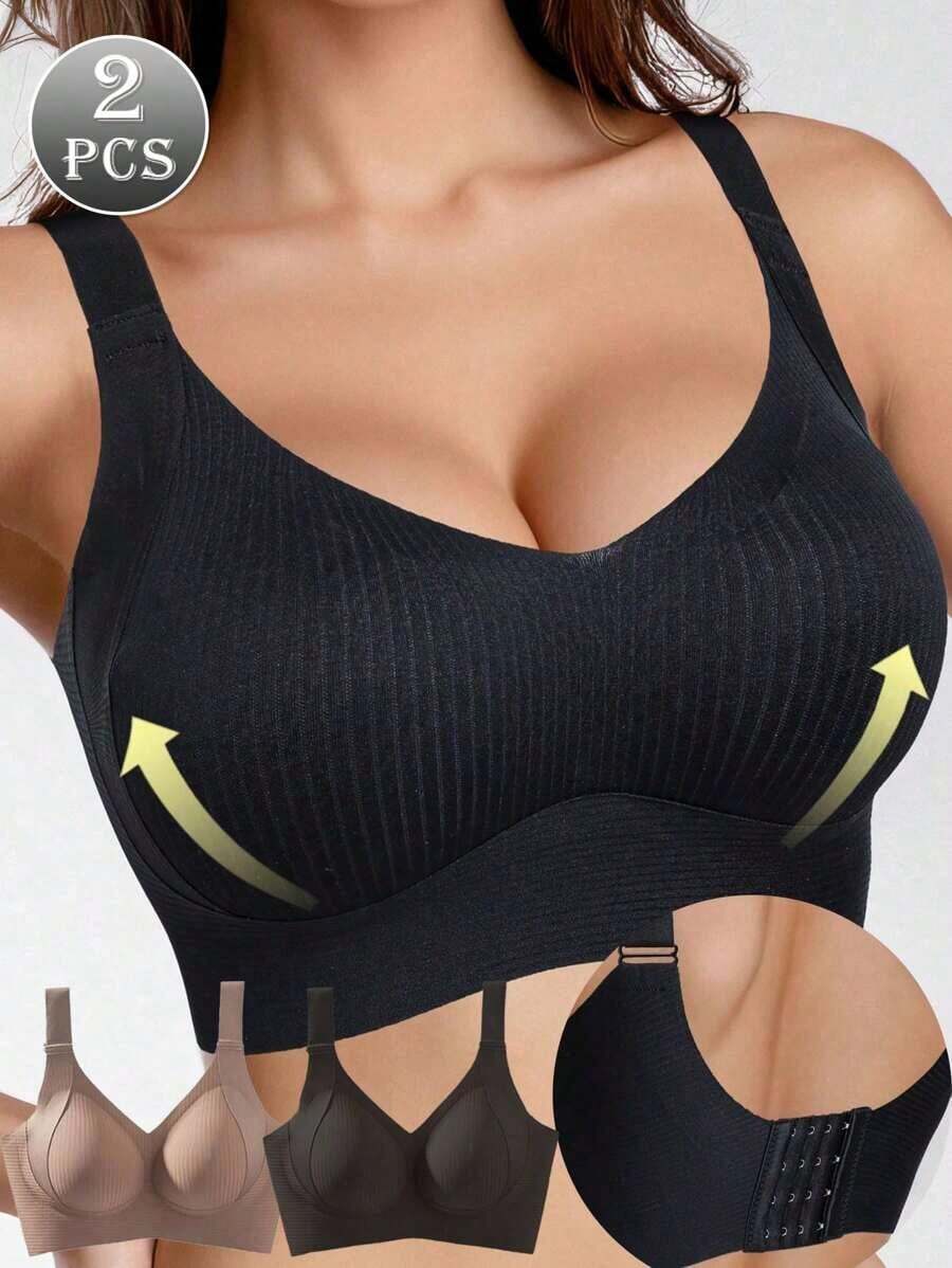 2 piezas Sujetador sin costuras para mujer con relleno extraíble, cómodo y casual, con efecto de elevación, negro, ajustable - Negro+Marrón - Ver 1