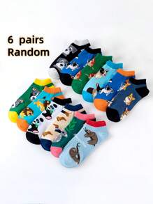 6 Paar Damen süße Hund & Cartoon Tier Muster Knöchelsocken, schöne Farben, leicht, weich, bequem, atmungsaktiv und dehnbar, geeignet für Lässig, Sport und Alltag