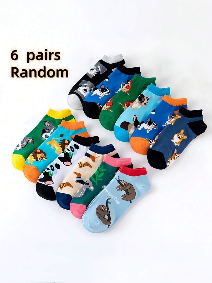 6 Paar Damen süße Hund & Cartoon Tier Muster Knöchelsocken, schöne Farben, leicht, weich, bequem, atmungsaktiv und dehnbar, geeignet für Lässig, Sport und Alltag