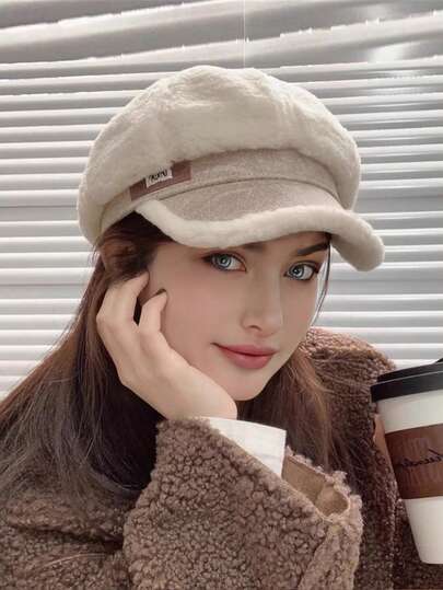 1 szt. 2025 Jesień/Zima Nowa sztuczna wełna jagnięca Modna skórzana czapka ośmiokątna Damska zimowa czapka baseballowa, lekka i wygodna na spacery na świeżym powietrzu, zakupy, wakacje, do noszenia na co dzień, niezbędna do powrotu do szkoły