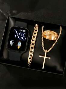 4件套，1件全新LED数字心形电子手表和3件十字/箭头合金戒指项链手链套装。万圣节、圣诞节、情人节、母亲节等节日礼物的最佳选择