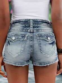 女式休闲弹力纯色做旧牛仔短裤，带口袋和刺绣花朵，春夏 - 淺色水洗藍 - 查看 2