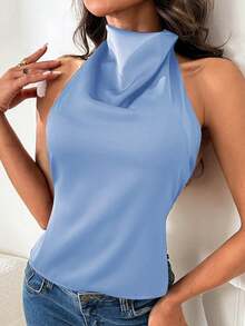 WOWDARK Damen modische, sexy Satin Rückenfreie Bluse, Herbst - Blau - Übersicht 2