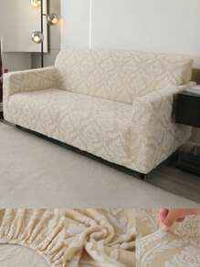 1pc Bohemian Baroque Style Elastic Sofa Cover - Breathable, Pet Friendly, Machine Washable Polyester And Spandex, Floral Jacquard Pattern, Suitable For Sofas Of One To Four People -180g/Square Meter, Living Room Furniture Decoration - Beige - View 1