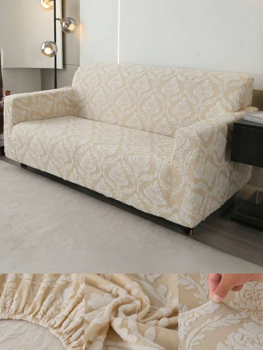 1pc Bohemian Baroque Style Elastic Sofa Cover - Breathable, Pet Friendly, Machine Washable Polyester And Spandex, Floral Jacquard Pattern, Suitable For Sofas Of One To Four People -180g/Square Meter, Living Room Furniture Decoration - Beige - View 1