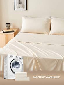 Juego de sábanas y fundas de almohada de 3/4 piezas con bolsillo profundo de 10 pulgadas, sábana plana*1, sábana ajustable*1, funda de almohada*1/2, sábanas de poliéster refrescantes para durmientes con calor, calidad de hotel de lujo, resistente a la contracción, lavable a máquina, para ropa de cama del hogar y ropa de cama esencial para dormitorios escolares, beige, certificado Oeko-Tex