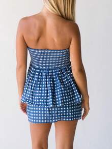 Women 2 Piece Skirt Set Y2k Striped Print Tube Tops Set Summer Cute Ruffled Bandeau Mini Skirt Outfits Streetwear - 深藍色 - 查看 3