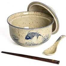 Ceramic Ramen Bowl Set Of 2, Ramen Noodle Bowl With Lid 27oz Japanese Retro Style Soup, Pho, Udon Bowls, Matching Spoons And Chopsticks Microwave & Dishwasher Safe, Fish-Cb - 魚 - 查看 1