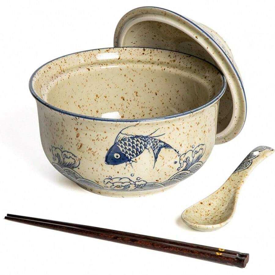 Ceramic Ramen Bowl Set Of 2, Ramen Noodle Bowl With Lid 27oz Japanese Retro Style Soup, Pho, Udon Bowls, Matching Spoons And Chopsticks Microwave & Dishwasher Safe, Fish-Cb - 魚 - 查看 1