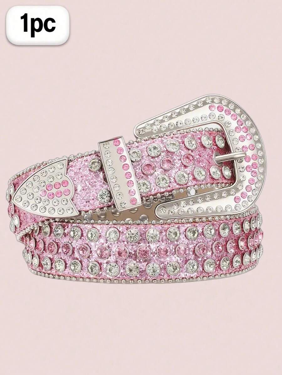 1pc  Blingbling    Party    PU Leather    Grommet Eyelet    Women's Women's SK2 Belt With Diamonds Belt With Diamonds  Western Studded Belt - 粉色 - 查看 1