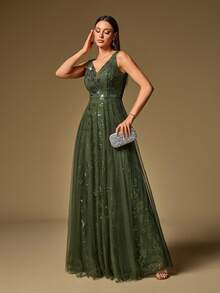 Đầm chữ A không tay cổ chữ V phối họa tiết hoa, đính sequin và lưới, dành cho nữ, kiểu dáng thanh lịch, thích hợp cho lễ tốt nghiệp, sự kiện thảm đỏ và các buổi dạ tiệc. - Màu xanh Ô liu - Xem 6