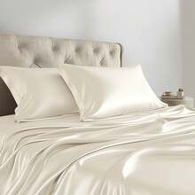 4/6 Pieces Solid Satin Luxury Sheet Set With 1*Flat Sheet,1*Fitted Sheet,4*Pillowcases Without Core,Luxury Silky With Natural Sheen,Elastic 14" Pocket Fits Up To 16" Mattress,Soft Comfortable Breathable Bedding Mattress Protector Set,All-Season Elegant Home Textile For Full-Queen-King-California King Size,Ideal Festive Celebrations Holiday Gift For Bedroom Decor - 象牙 - 查看 3