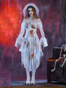 Halloween Cosplay  Bride Costumes For Women, Gothic Victorian Bloody Off Shoulder Long Sleeve Dress Outfits,Halloween Costumes Women, Summer Dresses For Women Vestidos Elegantes Para Mujer, Dresses For Women Elegant, Cruise Outfits Women, Fall Outfits For Women, Fall Clothes For Women - White - View 1