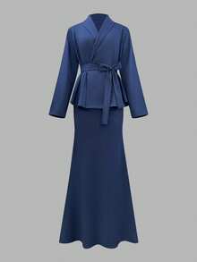 Stylish Women's Two Pieces Outfit With Belted Long Sleeve Blazer And Flowy Maxi Skirt Collared Design Elegant And Casual