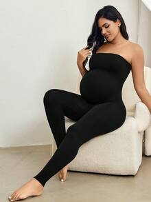 1pc Maternity Jumpsuit For Woman, Workout Romper Ribbed Stretch One Piece Short Jumpsuits Yoga Sleeveless Outfits